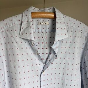 RODA Button Up Dress Shirt Large Light Blue Red Dot Printed Long Sleeve Italian